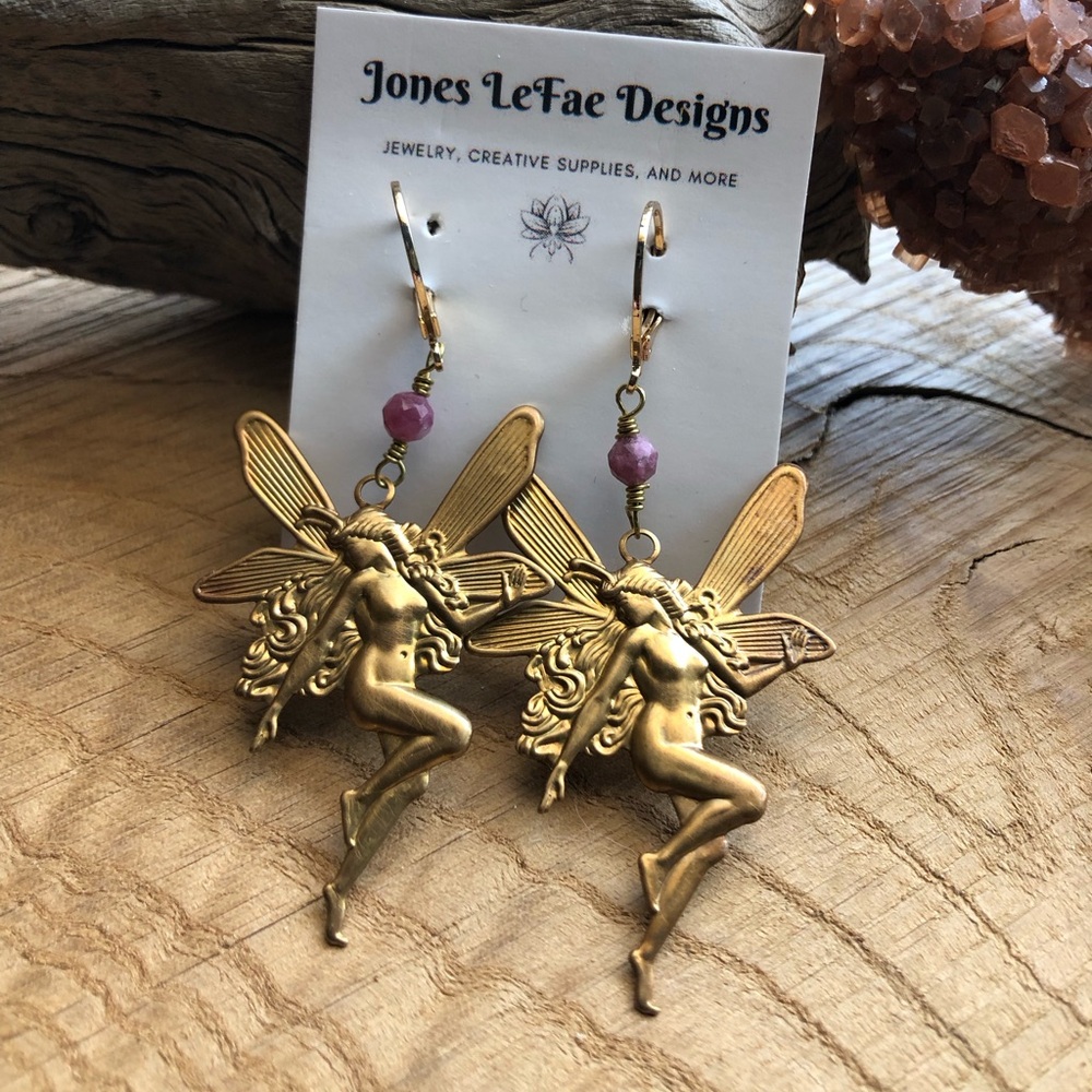 Antiqued Gold‎ Fairy Earrings with Pink Tourmaline